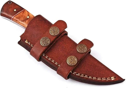 Damascus Steel Knife by AMSKnives with leather sheath and rosewood handle.