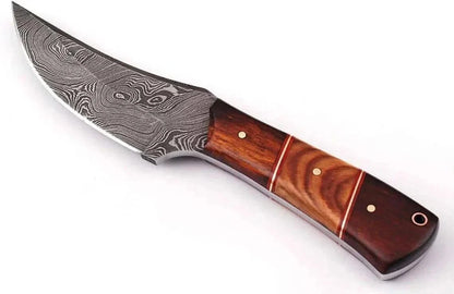 Damascus Steel Knife by AMSKnives with patterned blade and wood handle.