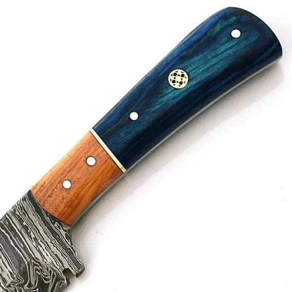 Damascus Steel Hunting Knife with Firestorm Pattern, camel bone handle, and stainless steel bolster.