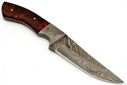 Damascus Steel Hunting Knife with patterned blade and wooden handle.
