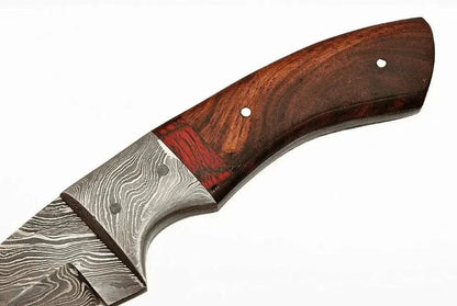 Damascus Steel Hunting Knife with Rose Wood and Pakka Wood handle, featuring a pattern welded blade.