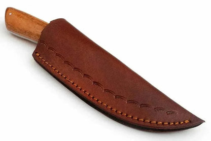 Damascus Steel Hunting Knife with leather sheath and wooden handle.
