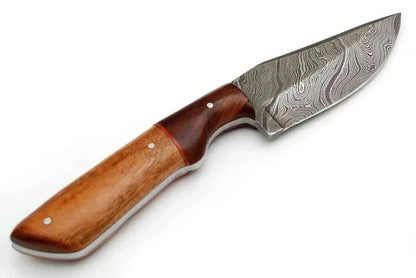 Damascus Steel Hunting Knife with rosewood handle and patterned blade.