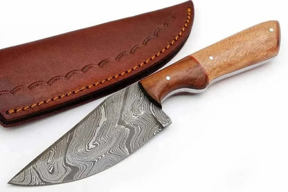 Damascus Steel Hunting Knife with rose and Pakka wood handle, featuring a pattern welded blade and leather sheath.
