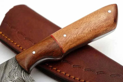 Damascus Steel Hunting Knife with Rosewood handle and leather sheath.