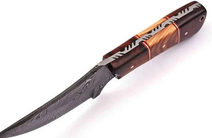 Damascus Steel Knife by AMSKnives with hammer-forged blade and rosewood handle.