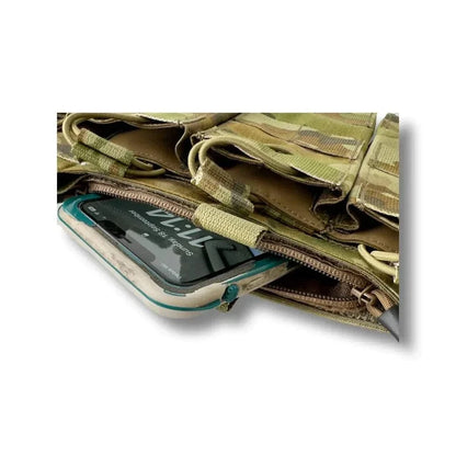 Tactical Double Zipper Storage Pouch in a vest, holding a smartphone for easy access.
