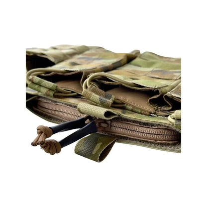Tactical Double Zipper Storage Pouch attached to military vest with camouflage pattern.