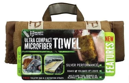 Tactical Towel by McNETT, ultra-compact microfiber with antimicrobial treatment for travel and fitness.