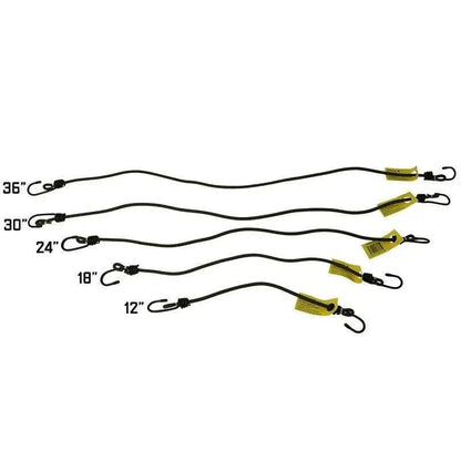 Multipurpose Elasticised Octopus Straps in various lengths with plastic-tipped steel hooks for secure fastening.