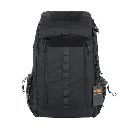 Tactical multifunctional backpack made of black CORDURA nylon with multiple compartments and straps.