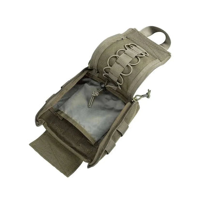 Compact first aid pouch with MOLLE compatibility, showing accessible compartments for tools and supplies.