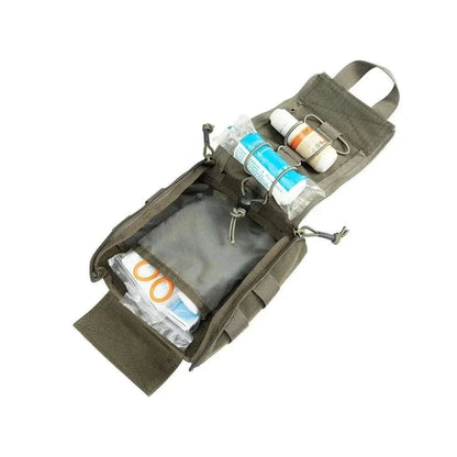 Compact First Aid Pouch with MOLLE compatibility, showcasing organized equipment for easy access.