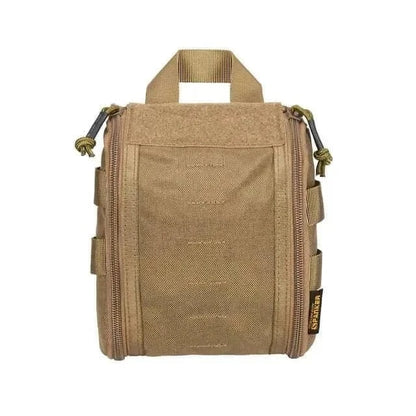 Compact tactical first aid pouch made of sturdy Cordura, featuring MOLLE compatibility and front access.