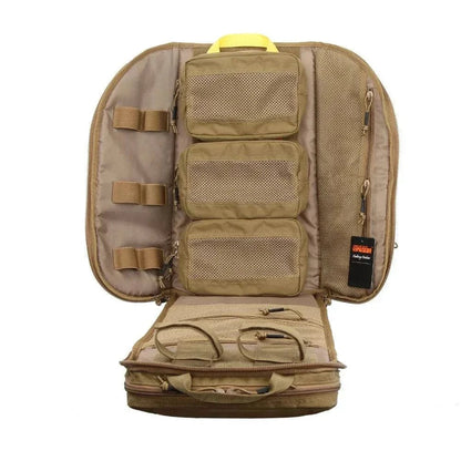 Tactical multifunctional backpack with open flat design, multiple compartments, CORDURA nylon material, and organizing pouches.