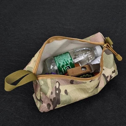 Camouflage EDC Organiser with zipper containing water bottle and small items.