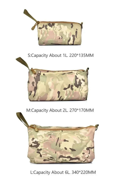 EDC Organiser in camouflage pattern, available in sizes S, M, L with different capacities.