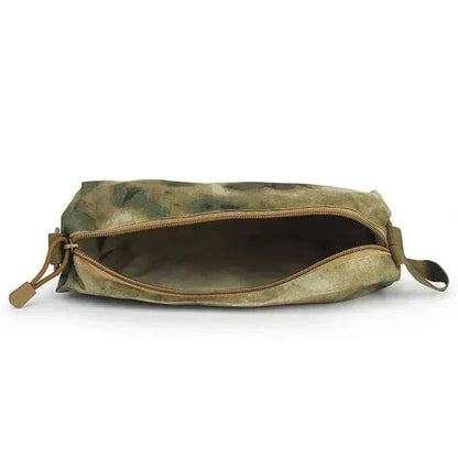 Camouflage EDC organiser bag with open zipper showing spacious interior.