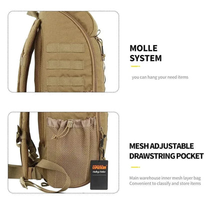 Tactical Multifunctional Backpack with MOLLE system and mesh adjustable drawstring pocket, perfect for organizing gear and keeping load stable.