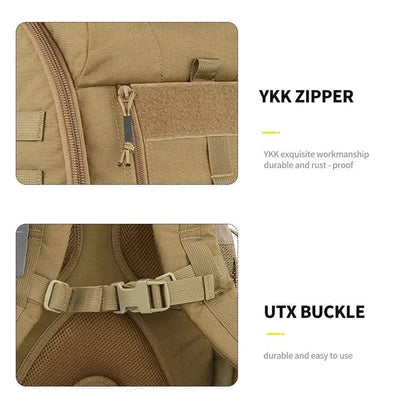 Tactical multifunctional backpack showing YKK zipper and UTX buckle for durability and ease of use.