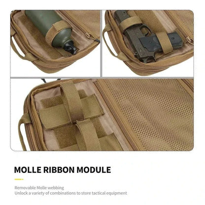 Tactical multifunctional backpack with MOLLE webbing, displaying organized compartments for tactical gear and accessories.