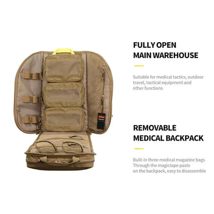 Tactical Multifunctional Backpack with multiple compartments and removable medical bags, made of abrasion and water-resistant CORDURA nylon.
