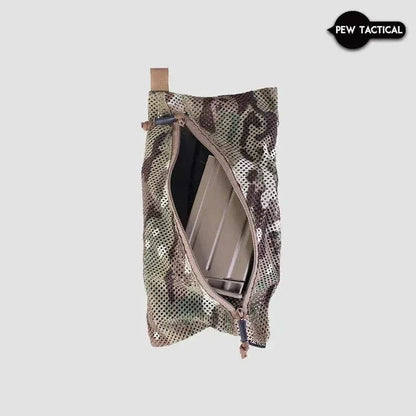 Mesh Storage Bag in camouflage mesh with diagonal zip and toggle, ideal for tactical and everyday carry.