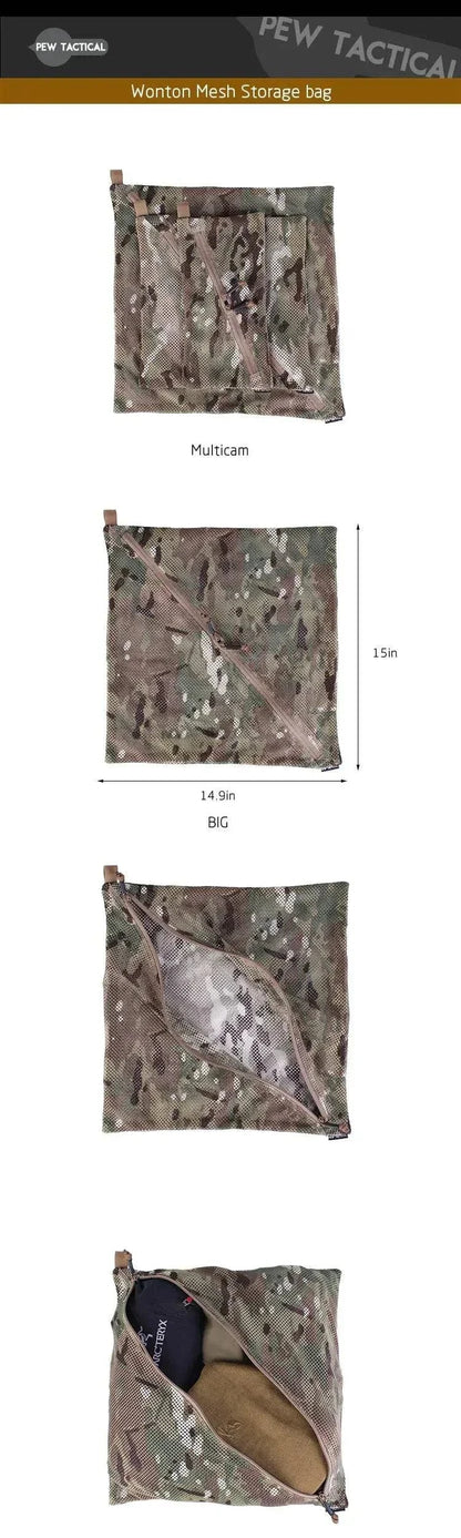 Camouflage mesh storage bag with diagonal zip and toggle for tactical and everyday use.