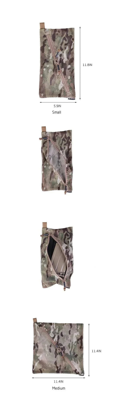 Mesh Storage Bag in camouflage, multiple sizes with diagonal zips for easy access.