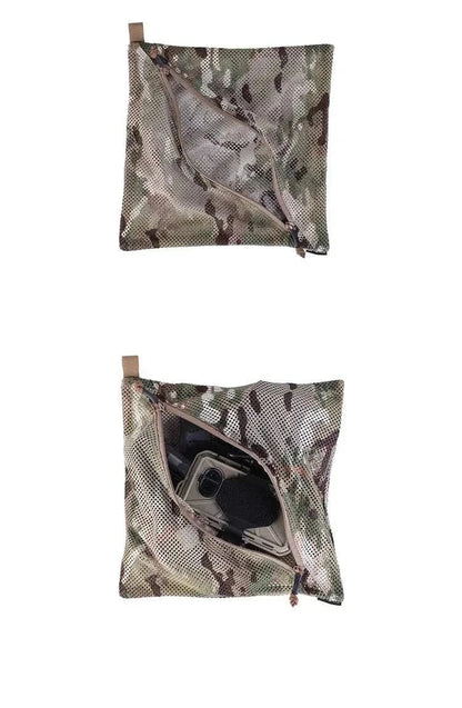 Camouflage mesh storage bag with diagonal zip and toggle, ideal for military and tactical use.