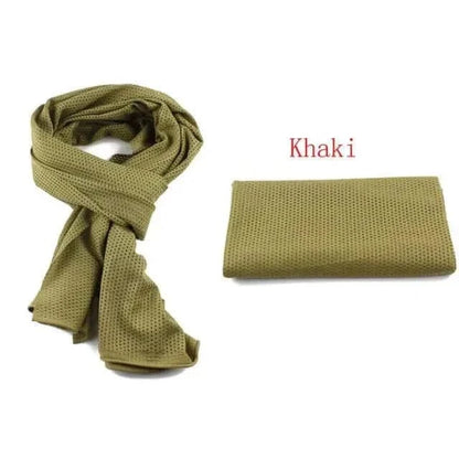Camouflage Scarf in khaki color, plaid pattern, made of cotton, versatile for outdoor use.