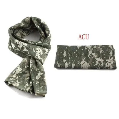 Camouflage scarf with military scrim design, cotton material, versatile for outdoor use.