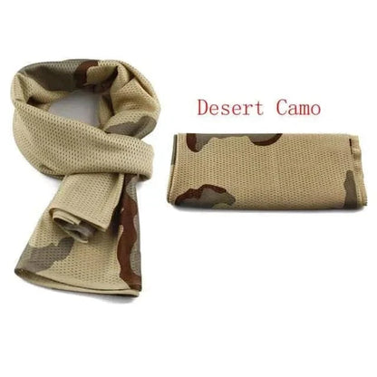 Camouflage scarf in desert camo pattern, versatile and durable for outdoor use.