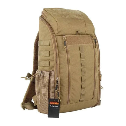 Tactical multifunctional backpack with multiple compartments, CORDURA nylon, side pouch, and adjustable straps.