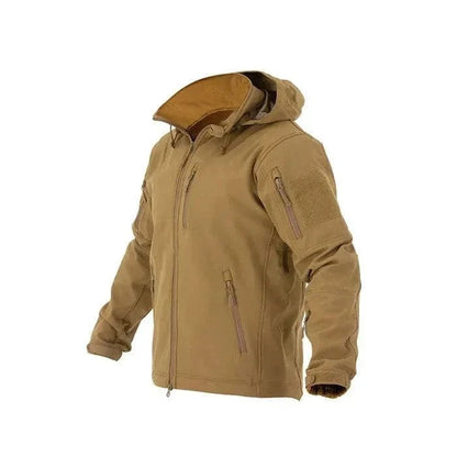 Tactical softshell jacket in coyote color with reinforced elbows and multiple pockets.