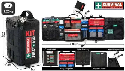 Compact SURVIVAL Best Vehicle First Aid Kit with MOLLE system, color-coded labels, and durable design for road emergencies.