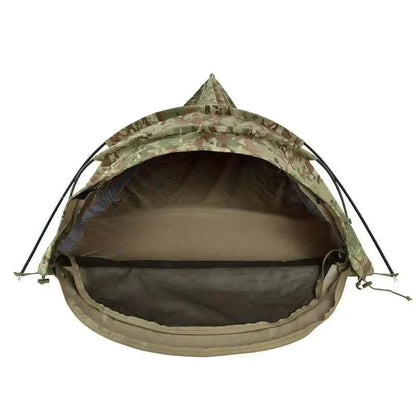 Valhalla Bivi Bag Shelter with X-Dome frame and mozzie mesh, showcasing spacious, breathable outdoor protection.